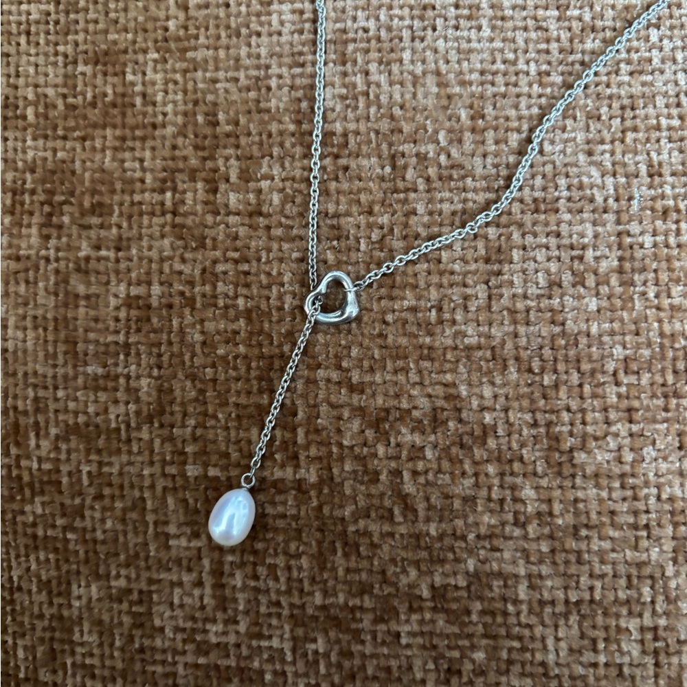 Tiffany & Co. Elsa Peretti Open Heart Necklace in Silver with Pearl